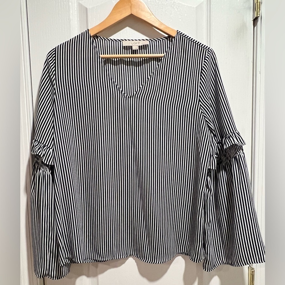Ann Taylor loft, black and white striped bell sleeve blouse, size small.